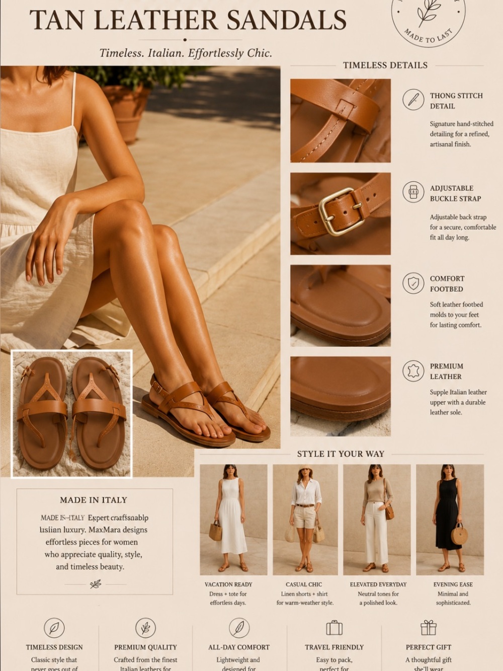 MaxMara Tan Leather Thong Sandals